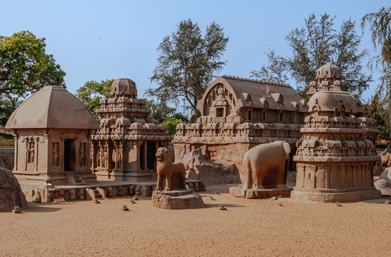 Pancha Rathas temple complex with ancient rock-cut architecture in Mahabalipuram, India.